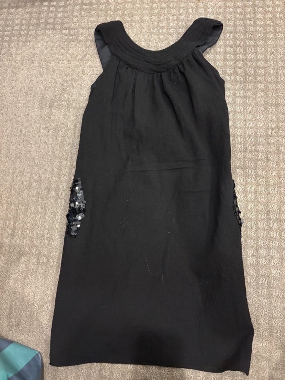 Black Sleeveless Shift Dress with Sequin Pocket Accents